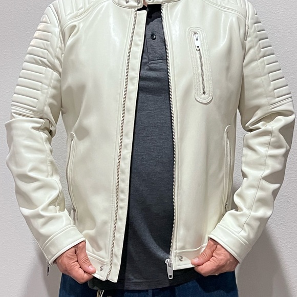 Zara Other - Zara Men's Cream Leather Bomber Jacket